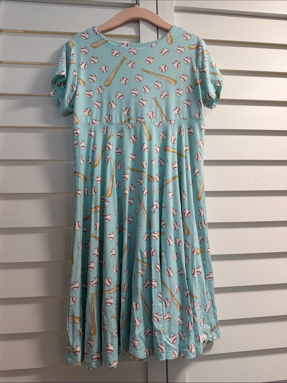 Girls' Aqua Baseball Print Short-Sleeve Twirl Dress